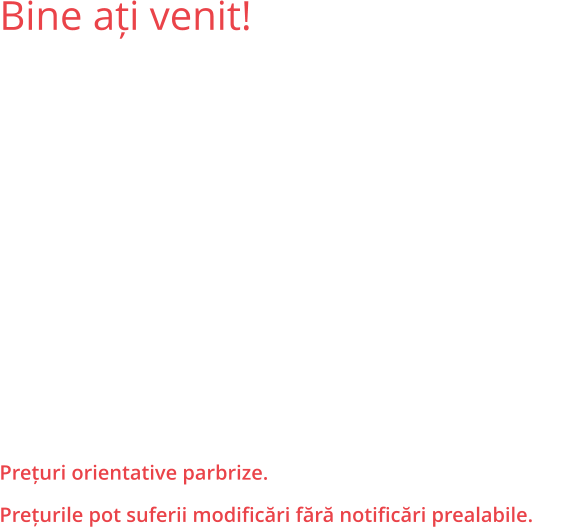 Bine ați venit! INTERGLASS MOTOR SRL se evidențiază ca domeniul de activitate principal prin vânzarea, montarea și repararea tuturor tipurilor de parbrize, lunete și geamuri laterale pentru toată gama de autovehicule, fiind acreditată de către Registrul Auto Român.  Deplasarea la sediul (domiciliul) clientului pentru montajul parbrizelor, lunetelor și geamurilor laterale este gratuită pentru București și zone limitrofe, garanția fiind de 2 ani.  Oferim de asemenea reparații parbrize la prețul de 30 lei, a 2-a reparație fiind gratuită.  Prețuri orientative parbrize.  Prețurile pot suferii modificări fără notificări prealabile.